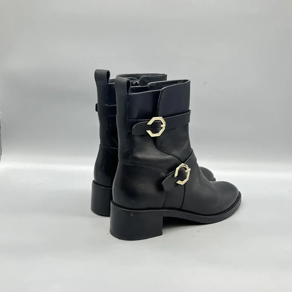 Cole Haan Boots Womens 6 Black Leather Ankle Biker Buckle Zip Block Heel Shoes